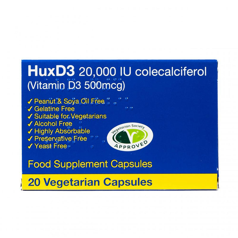 Huxley Europe HuxD3 Vitamin D3 20,000 IU supplement bottles, showing label and capsules in clear view.