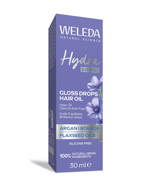 Weleda Hydra Shine Gloss Drops hair oil 30ml with shiny, smooth hair and a dropper applicator, showcasing glossy hair and packaging