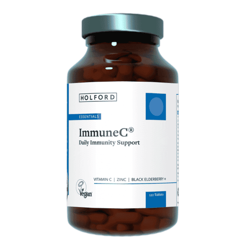 Patrick Holford ImmuneC 120s bottle showing the supplement packaging with label and capsules inside.