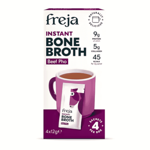 Freja Beef Pho instant bone broth sachets, 4 packs of 12g each, showing the broth powder and packaging.