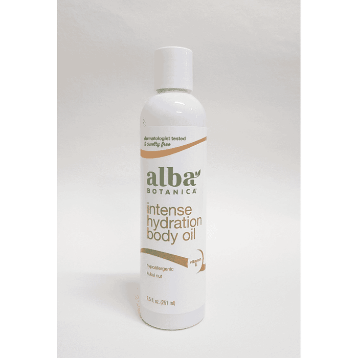 Alba Botanica Intense Hydration Body Oil in a 251ml bottle, featuring a clear glass container with a pump dispenser.