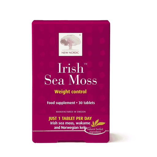 New Nordic Irish Sea Moss supplement capsules, 30 count, featuring dried Irish sea moss for health and wellness.