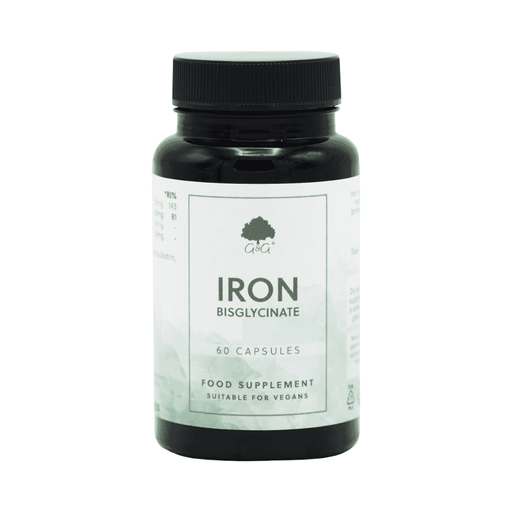 G&G Vitamins Iron Bisglycinate 20mg supplement bottle with 60 capsules, featuring a white label and nutritional information