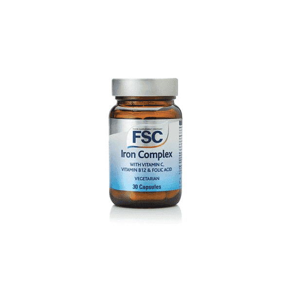 FSC Iron Complex supplement box with 30 capsules, featuring a white and green design and supplement information on the label.
