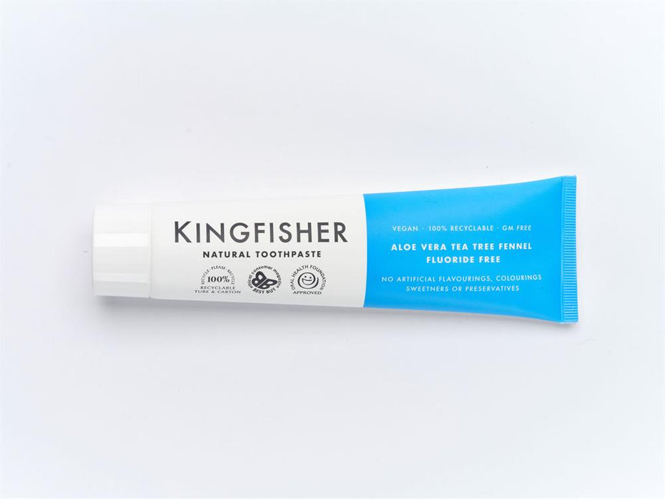 Kingfisher Natural Toothpaste  Aloe Vera Tea Tree Fennel Fluoride Free 100ml (Light Blue)