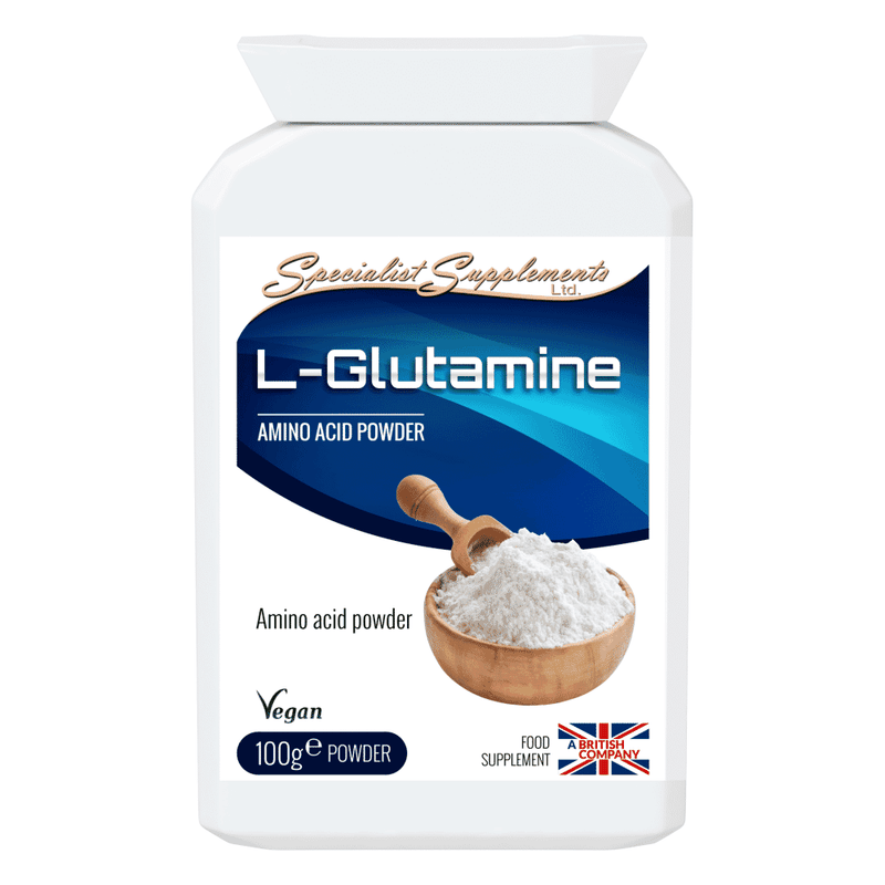 Container of Specialist Supplements L-Glutamine 100g powder, with a white label and scoop on a clean background.