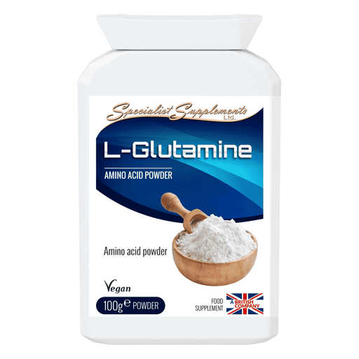 Container of Specialist Supplements L-Glutamine 100g powder, with a white label and scoop on a clean background.