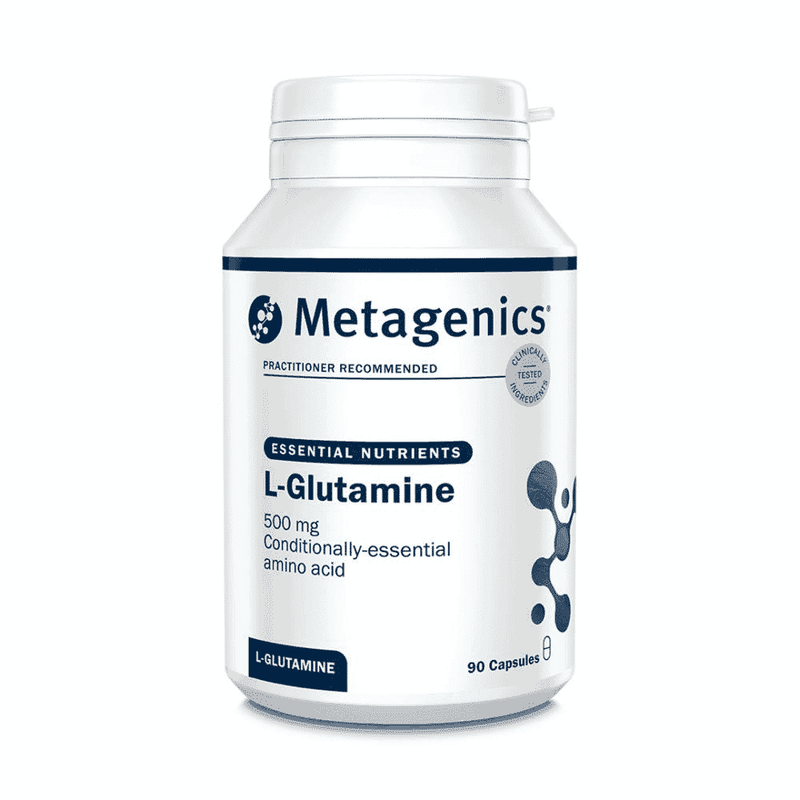 Bottle of Metagenics L-Glutamine 500mg dietary supplement capsules, 90 count, with label displaying product details.