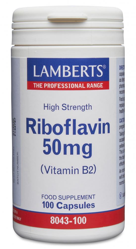 Lamberts Riboflavin 50mg vitamin supplement bottle with 100 capsules, featuring the Lamberts branding and label.