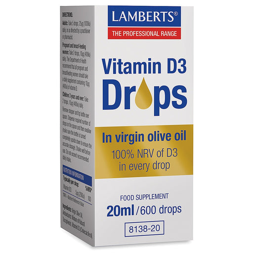 Lamberts Vitamin D3 Drops 20ml bottle with dropper for easy supplement intake, labeled with product details.
