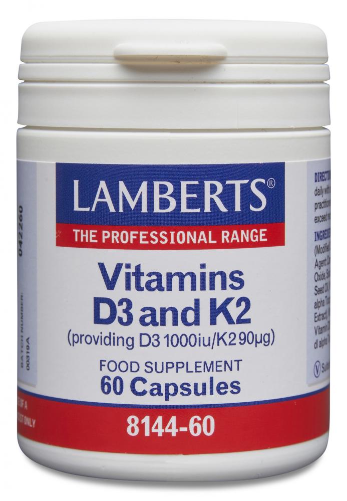 Lamberts Vitamin D3 and K2 supplement bottles, 60 capsules, in a clean, white container with label displaying product details.