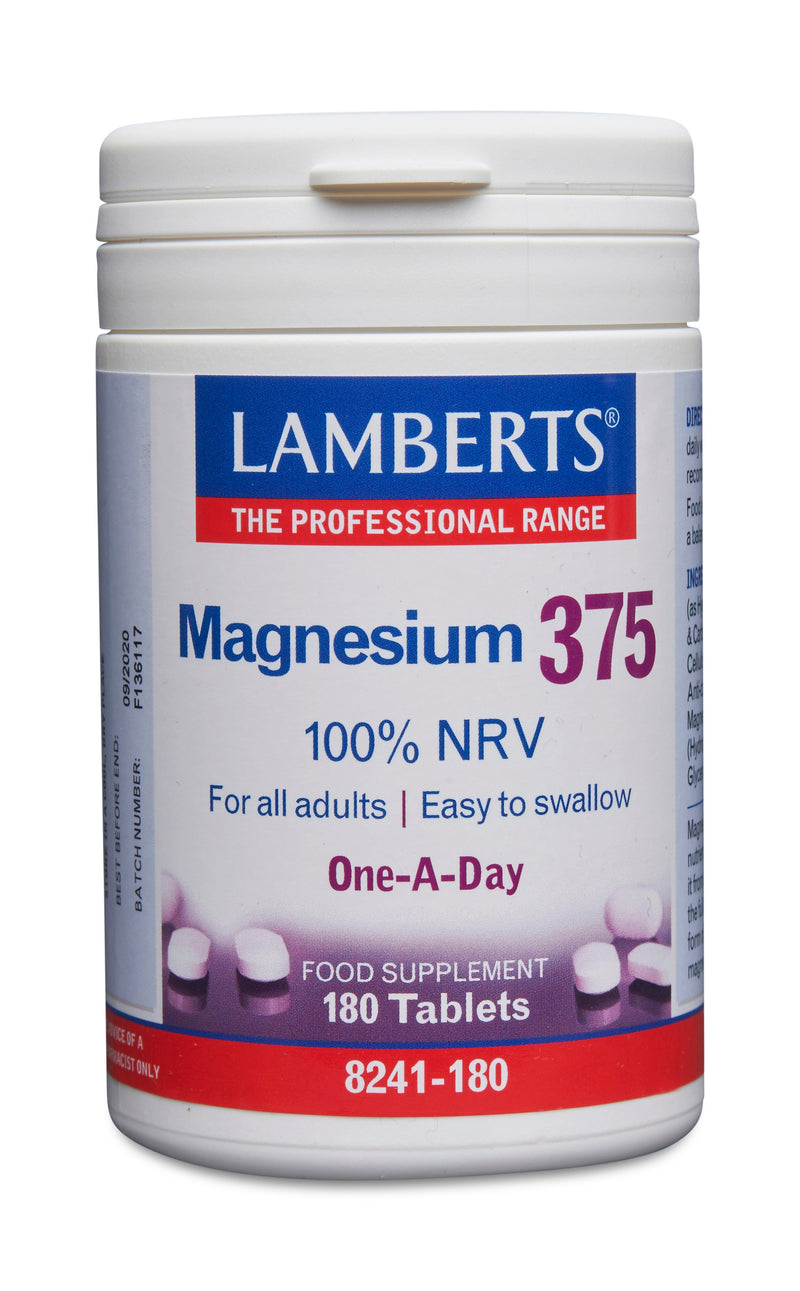 Lamberts Magnesium 375 One-A-Day vitamin supplement bottle with 180 capsules, labeled as a dietary supplement for daily magnesium intake.