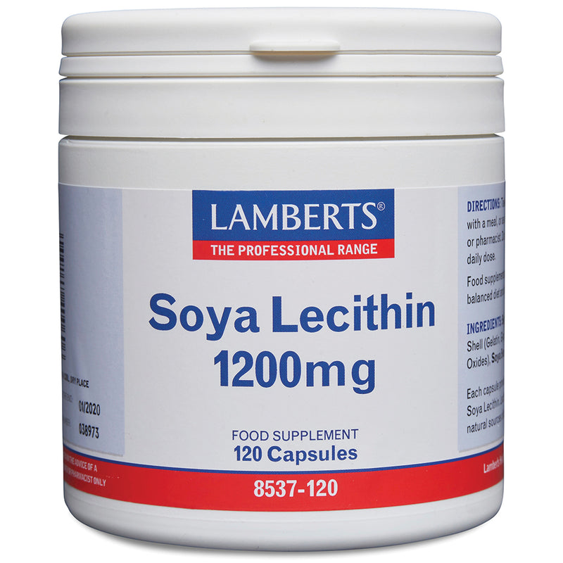 Lamberts Soya Lecithin 1200mg supplement bottles, white containers with labels, representing vitamins and supplements for health.
