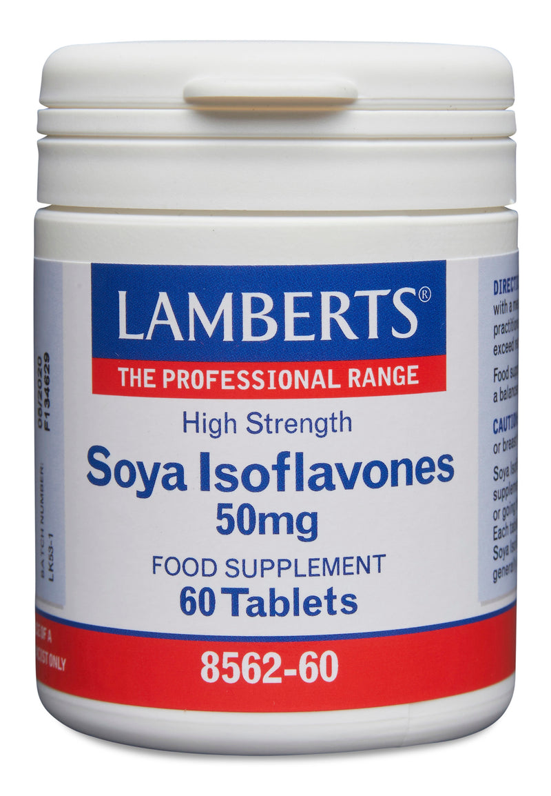 Lamberts Soya Isoflavones 50mg supplement bottles, showing labels and capsules, part of vitamins and supplements by Lamberts.