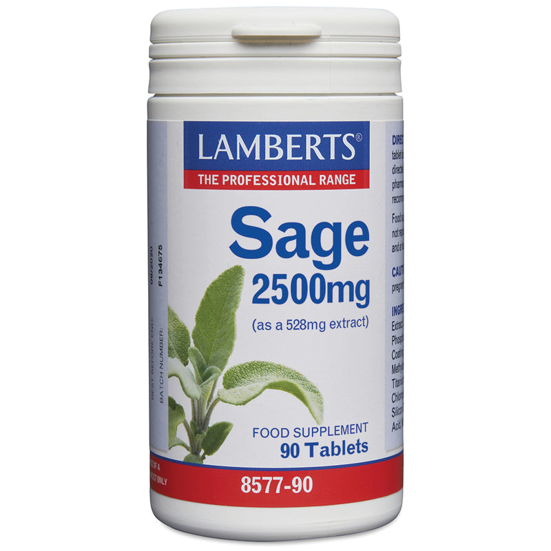 Lamberts Sage 2500mg vitamins and supplements bottle with 90 capsules, featuring a white and green label.