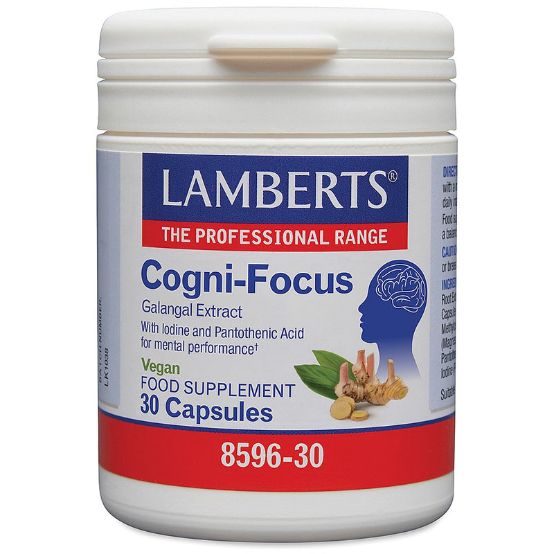Lamberts Cogni-Focus vitamins and supplements bottle with label showing supplement details on a white background.