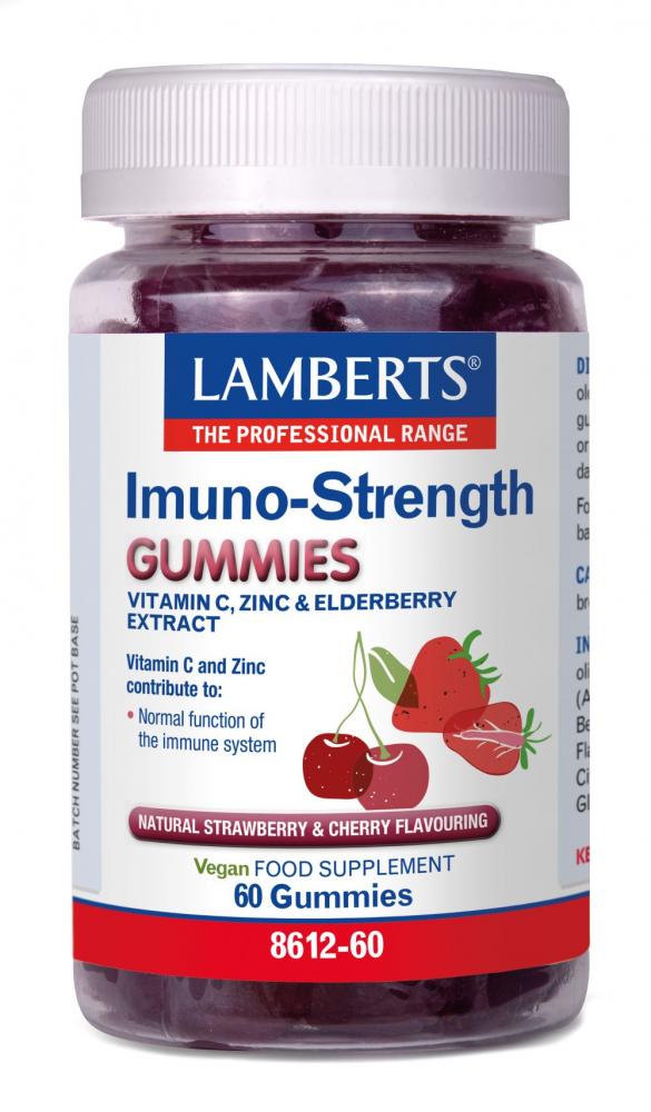 Lamberts Immuno-Strength Gummies bottle with 60 vitamin and supplement gummies, featuring colorful fruit-flavored shapes.
