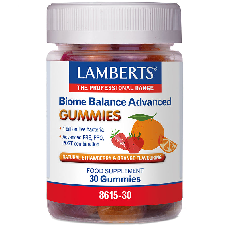 Lamberts Biome Balance Advanced Gummies, 30 count, vitamin and supplement product for digestive health and overall wellness.
