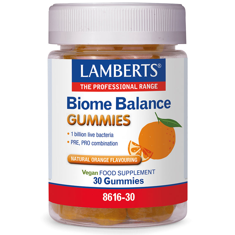 Lamberts Biome Balance Gummies, a bottle of dietary vitamins and supplements for gut health, with colorful gummy vitamins inside.