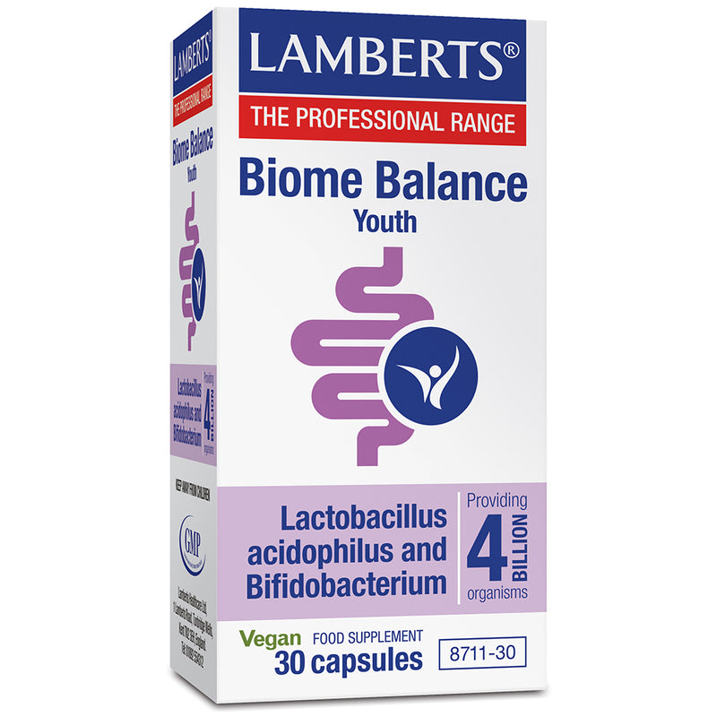 Lamberts Biome Balance Youth 30s vitamin supplement bottle with label showing product details and branding.
