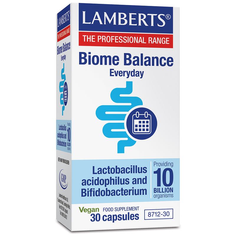 Lamberts Biome Balance Everyday probiotic supplement bottles with capsules, designed to support digestive health.