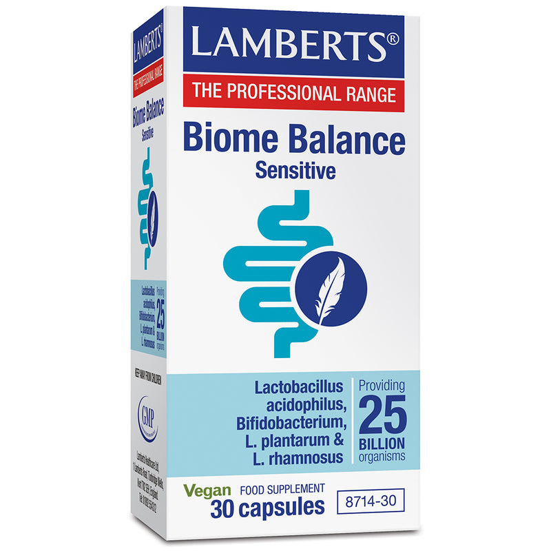 Lamberts Biome Balance Sensitive vitamins and supplements bottle with 30 capsules, designed to support digestive health.