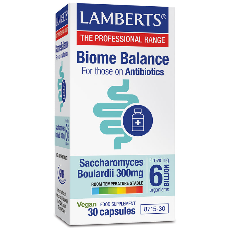 Lamberts Biome Balance probiotic supplement for antibiotic users, 30 capsules, supporting gut health with Saccharomyces Boulardii.
