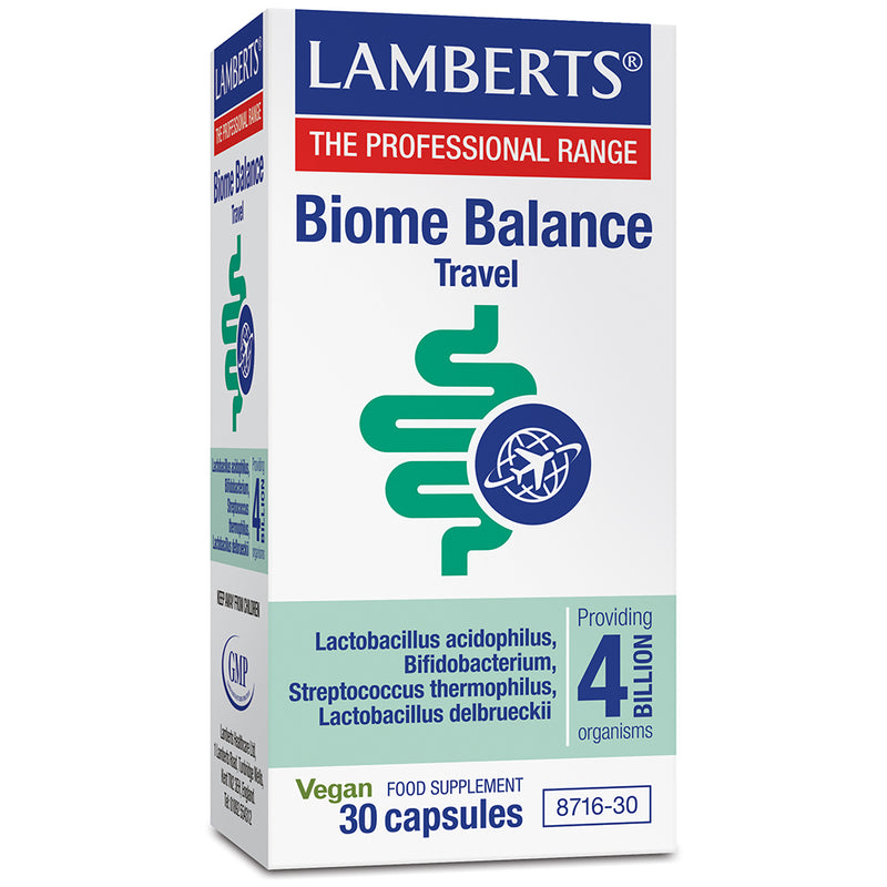 Lamberts Biome Balance Travel probiotic supplement bottle with 30 capsules, designed to support digestive health on the go.