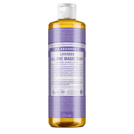 Dr Bronner's Lavender All-One Magic Soap 475ml bottle with lavender scent, clear label, and pump dispenser.