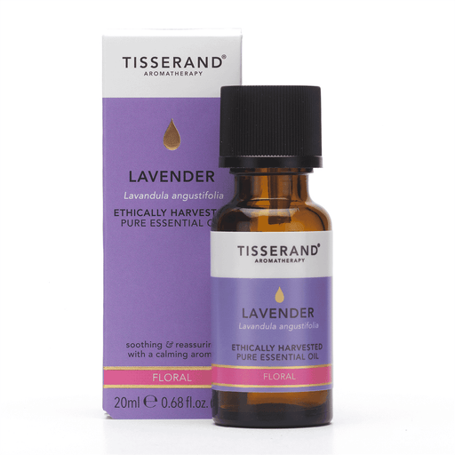 Tisserand Lavender Essential Oil 20ml bottle with clear label, showcasing pure, ethically harvested lavender oil for aromatherapy use.