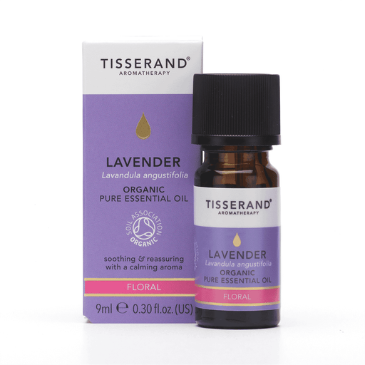 Tisserand Lavender Organic Pure Essential Oil 9ml bottle with lavender flowers and oil inside, natural and aromatic.
