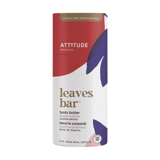 ATTITUDE Leaves Bar Body Butter with Sandalwood scent in an 85ml stick, featuring a natural leaves design on the packaging.
