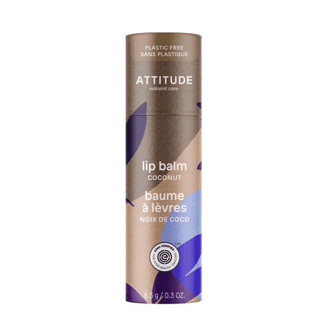 ATTITUDE Leaves Bar Lip Balm with coconut flavor in a green and white packaging, showing the balm stick and leaf design.