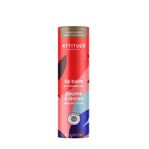 ATTITUDE Leaves Bar Watermelon Lip Balm 8.5g shows a natural watermelon flavor balm in a rectangular container with leaves design.