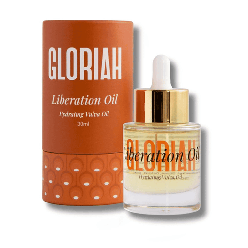 Gloriah Liberation Oil 30ml bottle with dropper cap, featuring a clear glass container filled with golden oil.