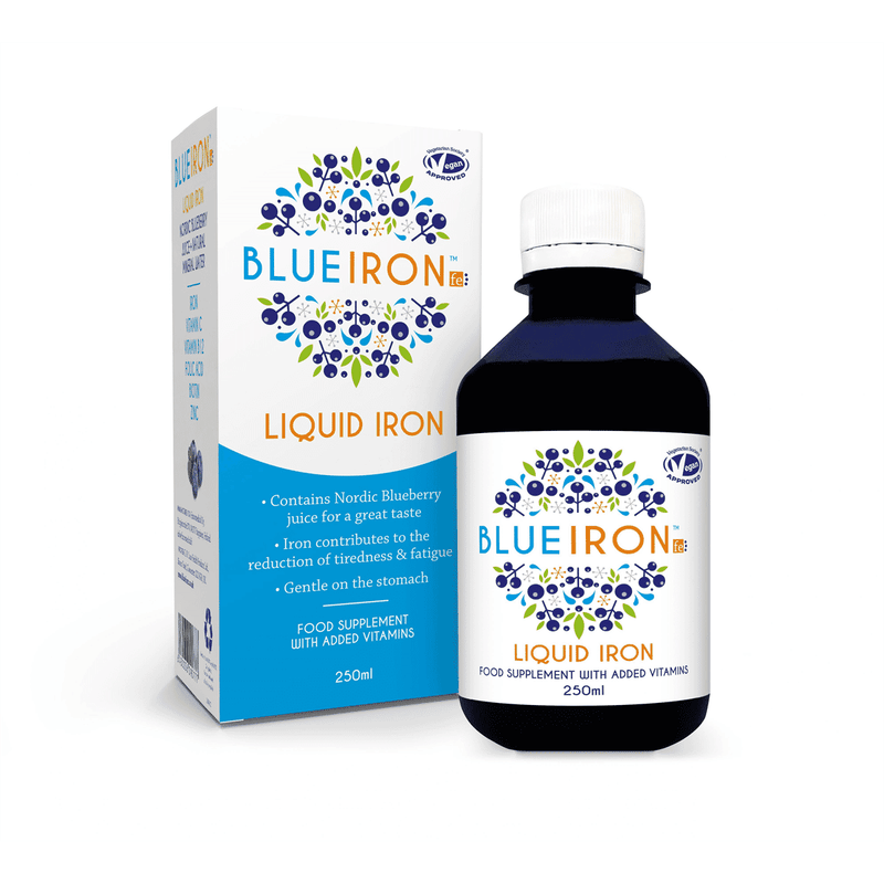 Blue Iron liquid iron supplement in a 250ml bottle, designed to boost iron levels naturally and effectively.