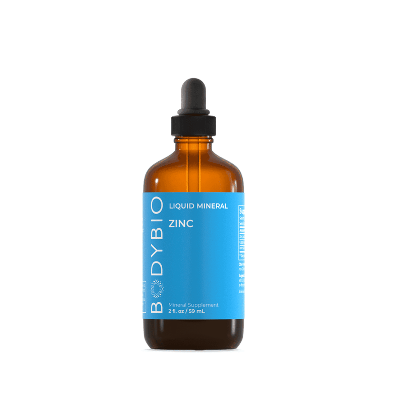 BodyBio Liquid Mineral Zinc in a 59ml bottle, showcasing the clear liquid supplement with a dropper for easy dosing.