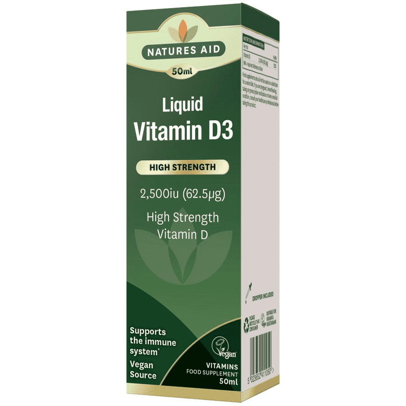 Natures Aid Liquid Vitamin D3 supplement in a 50ml bottle with a dropper for high-strength 2,500 IU vitamin D3.