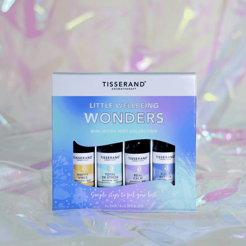 Tisserand Little Wellbeing Wonders Mini Mood Mist Collection with four 9ml bottles of calming aromatherapy sprays