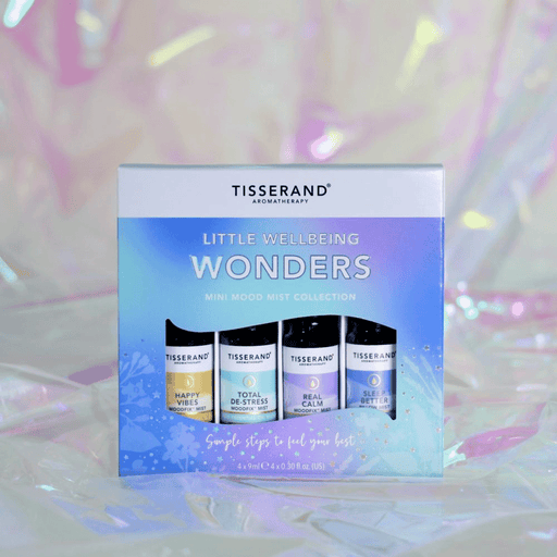 Tisserand Little Wellbeing Wonders Mini Mood Mist Collection with four 9ml bottles of calming aromatherapy sprays
