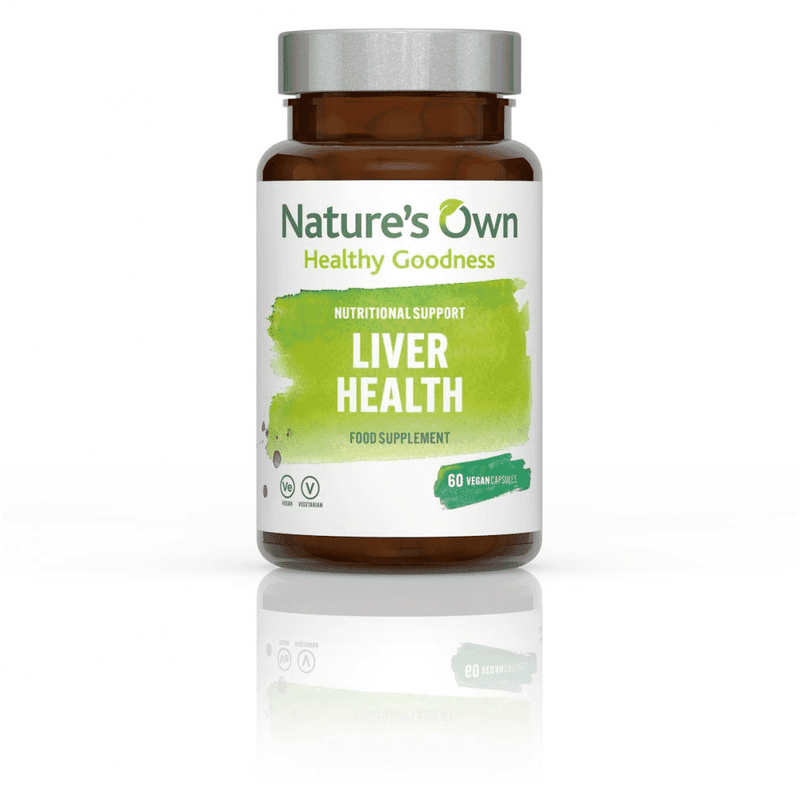 Bottle of Nature's Own Liver Health supplements with 60 capsules, featuring the product label and supplement details.