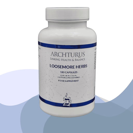Archturus Loosemore Herbs supplement bottle with label showing herbal product, 180 capsules, in a clear container.