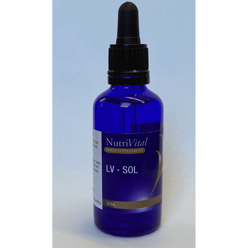 Nutrivital LV-SOL 50ml bottle with clear label and dropper cap, used for supplement or health support.