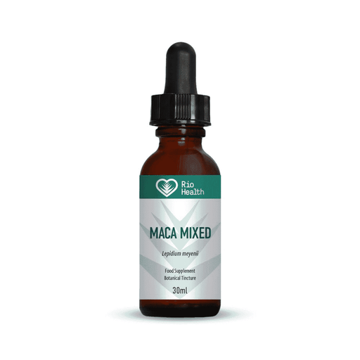 Bottle of Rio Health Maca Mixed liquid supplement in a 30ml container with a colorful label.