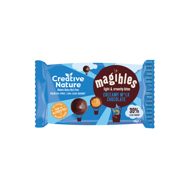 Creative Nature Magibles Creamy M*lk Chocolate snacks in a 30g x 15 case, with creamy milk chocolate coating and colorful packaging.