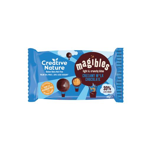 Creative Nature Magibles Creamy M*lk Chocolate snacks in a 30g x 15 case, with creamy milk chocolate coating and colorful packaging.