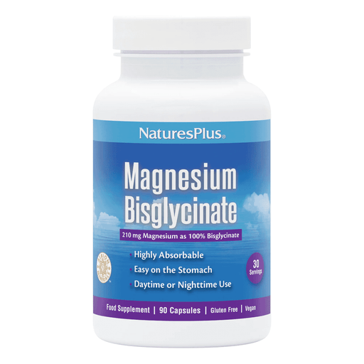 Bottle of NaturesPlus Magnesium Bisglycinate 90 softgels with label visible, showcasing the supplement's packaging and branding.