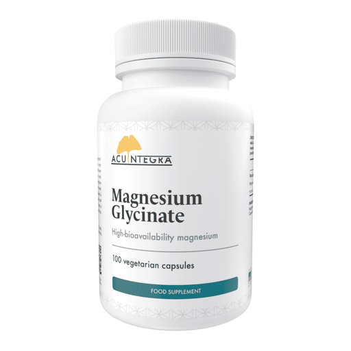 Bottle of AcuIntegra Magnesium Glycinate 100 capsules with label visible in a clean, white background.