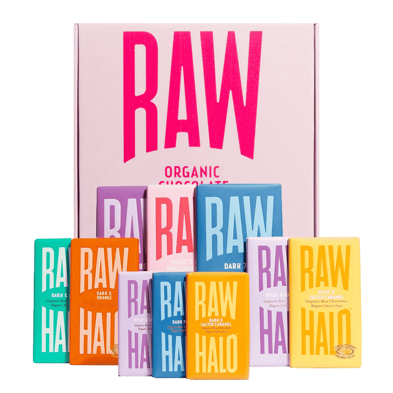 Assorted Raw Halo Organic Chocolate Mixed Gift Collection with 10 bars, featuring a variety of organic chocolate flavors in colorful packaging.
