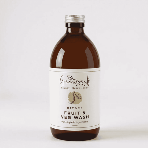 Greenscents Citrus Fruit & Veg Wash bottle with label, 500ml, natural cleaning solution for fresh produce.